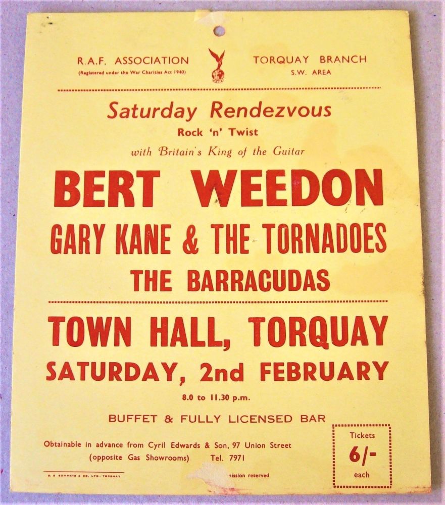 BERT WEEDON GARY KANE&THE TORNADOES WINDOW CARD CONCERT POSTER SAT 2nd FEB 