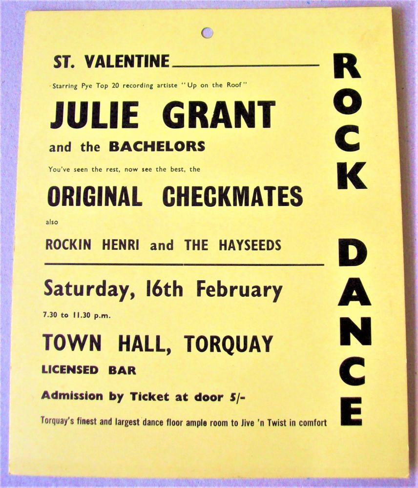 JULIE GRANT & THE BACHELORS WINDOW CARD CONCERT POSTER SAT 16th FEB 1963 TO