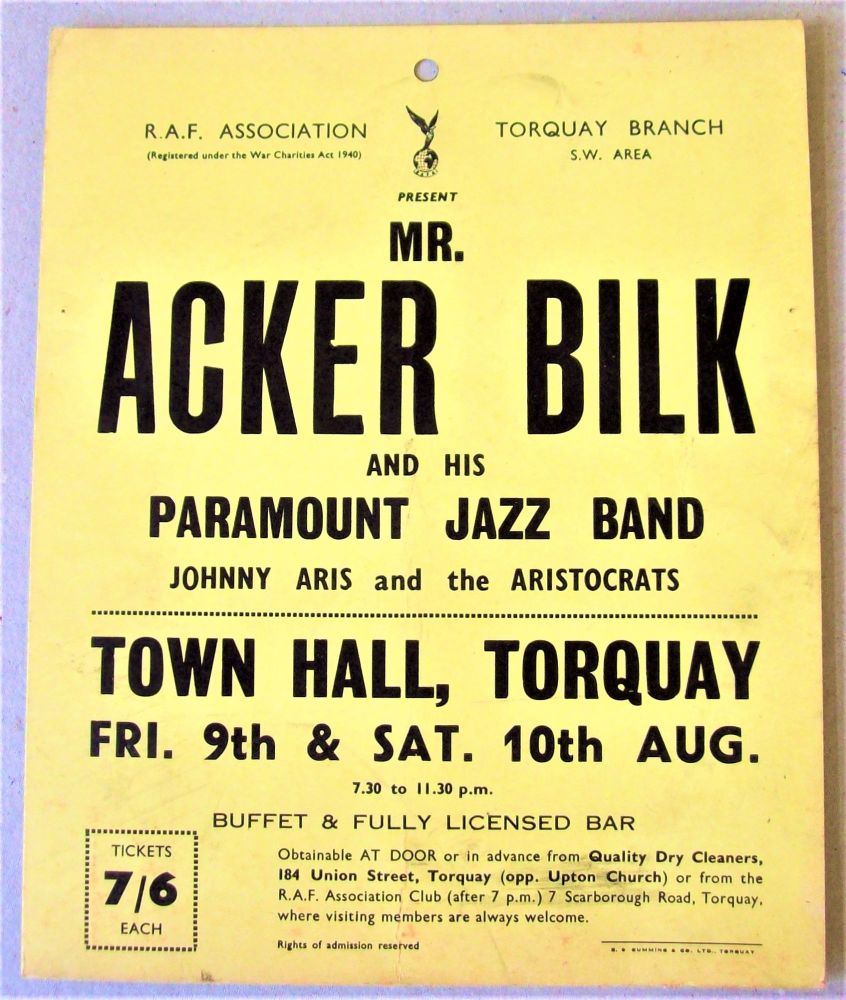 ACKER BILK WINDOW CARD CONCERT POSTER FRI & SAT 9th & 10th AUG 1968 TORQUAY