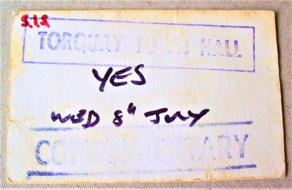 YES RARE COMPLIMENTARY CONCERT TICKET WEDNESDAY 8th JULY 1970 TORQUAY TOWN 