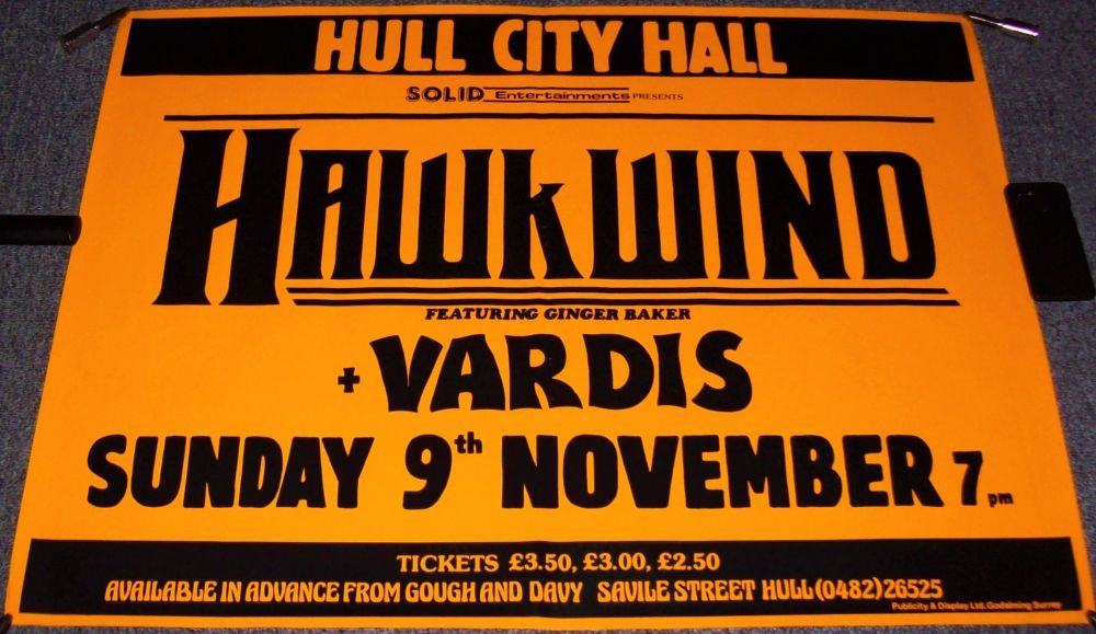 HAWKWIND GINGER BAKER VARDIS RARE CONCERT POSTER SUN 9th NOV 1980 HULL CITY