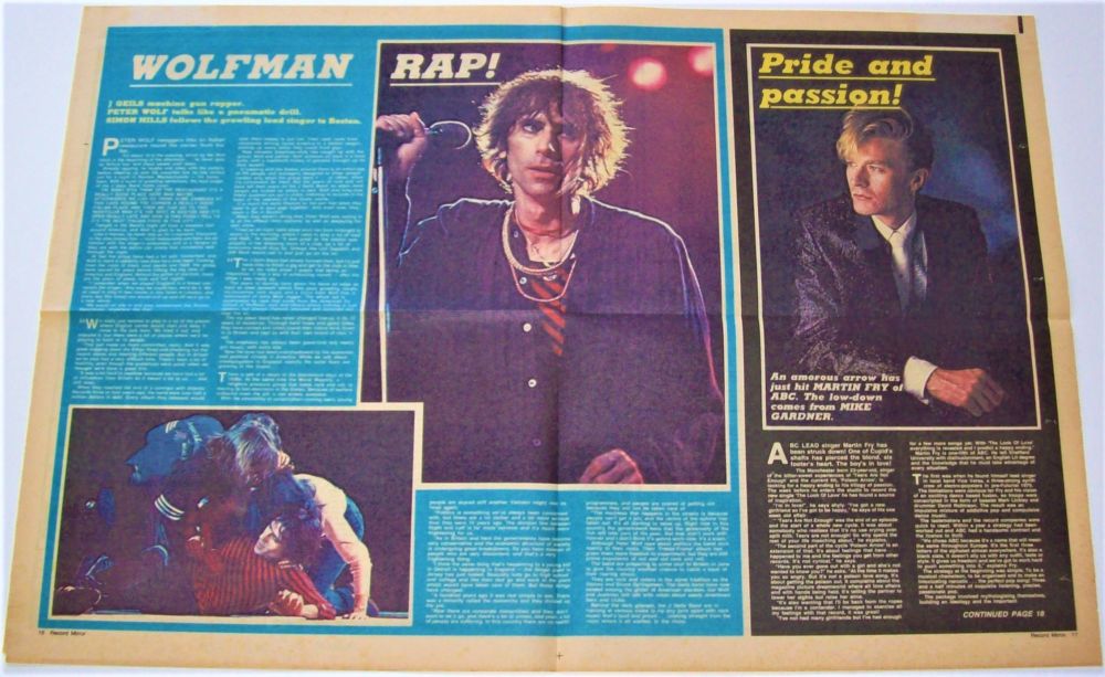 ABC J. GILES BAND CENTRE SPREAD POSTER-ARTICLE RECORD MIRROR 20th MARCH 198