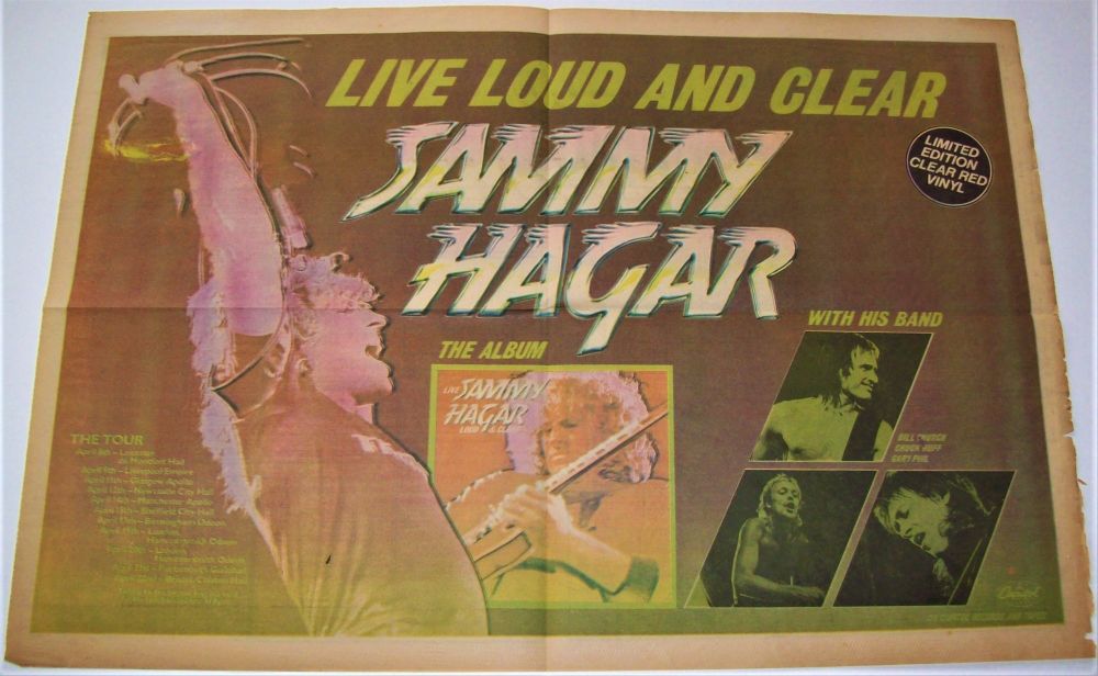 SAMMY HAGAR 'LOUD AND CLEAR' ALBUM AND TOUR ADVERT RECORD MIRROR MARCH 15th