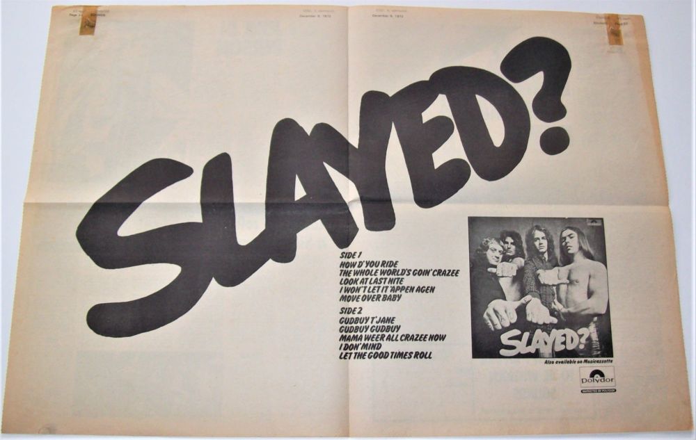 SLADE REALLY FABULOUS CENTRE SPREAD ADVERT 'SLAYED' LP SOUNDS DECEMBER 9th 