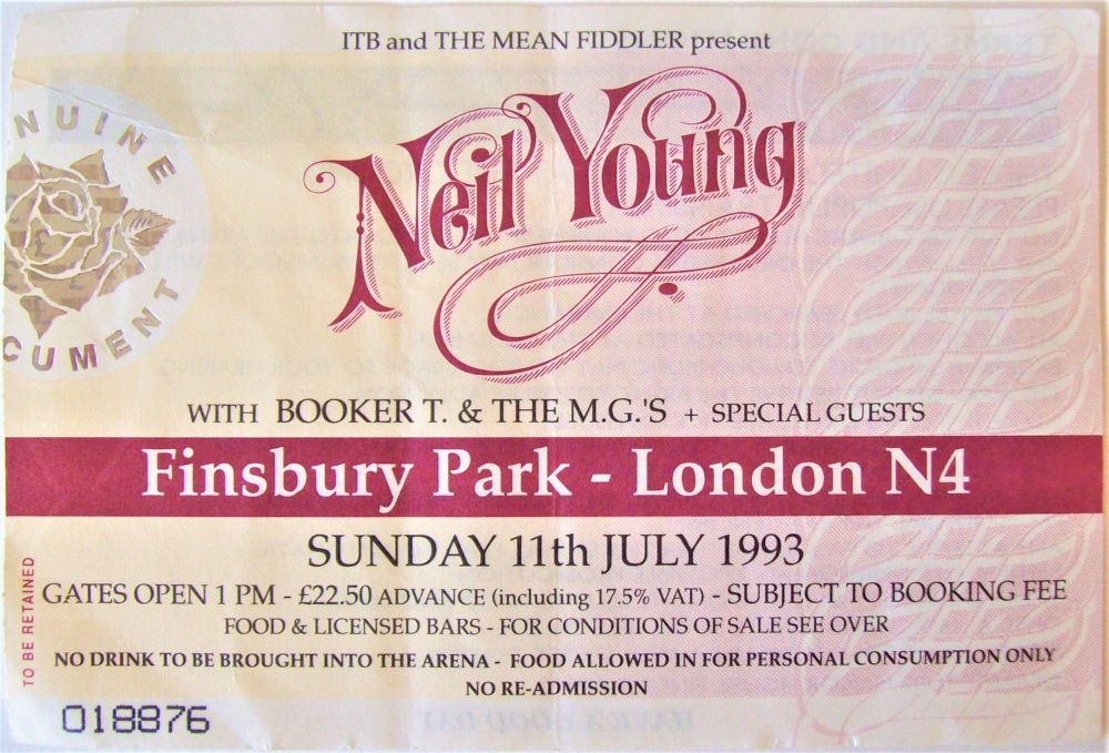 NEIL YOUNG BOOKER T. & M.G.'S CONCERT TICKET SUN 11th JULY 1993 FINSBURY PA