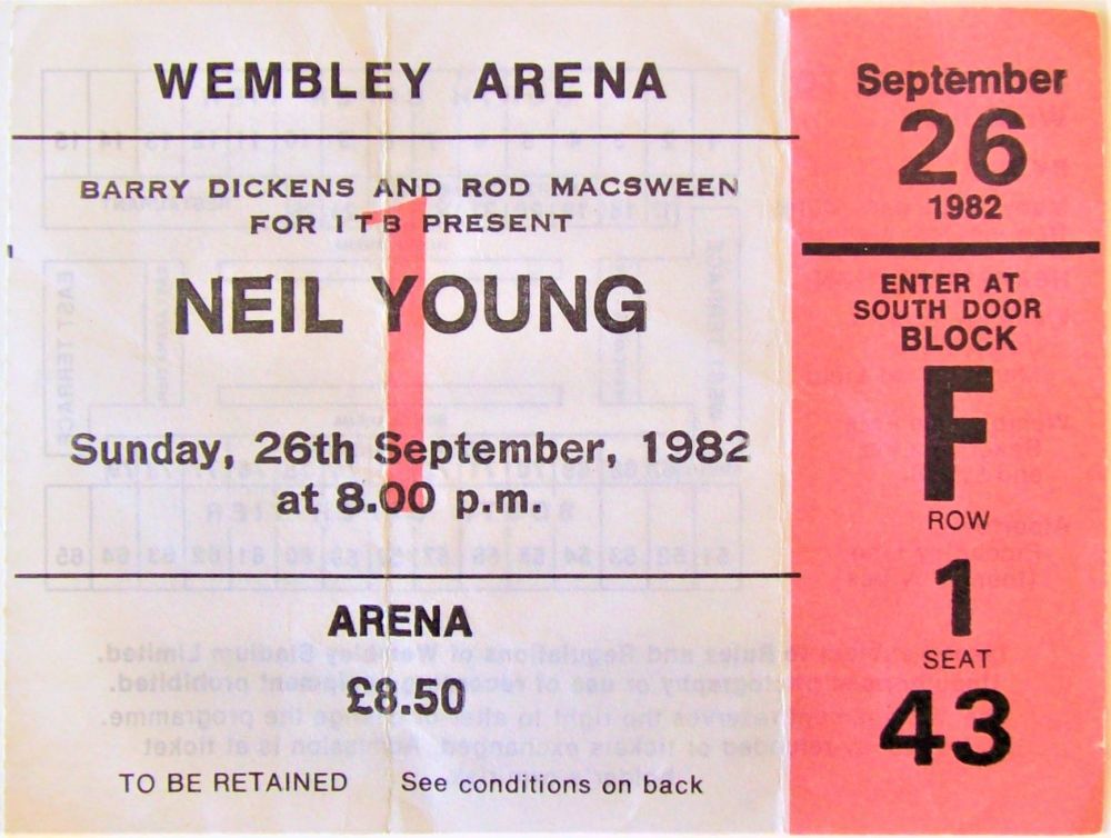 NEIL YOUNG FABULOUS RARE CONCERT TICKET MONDAY 26th SEPTEMBER 1982 WEMBLEY 