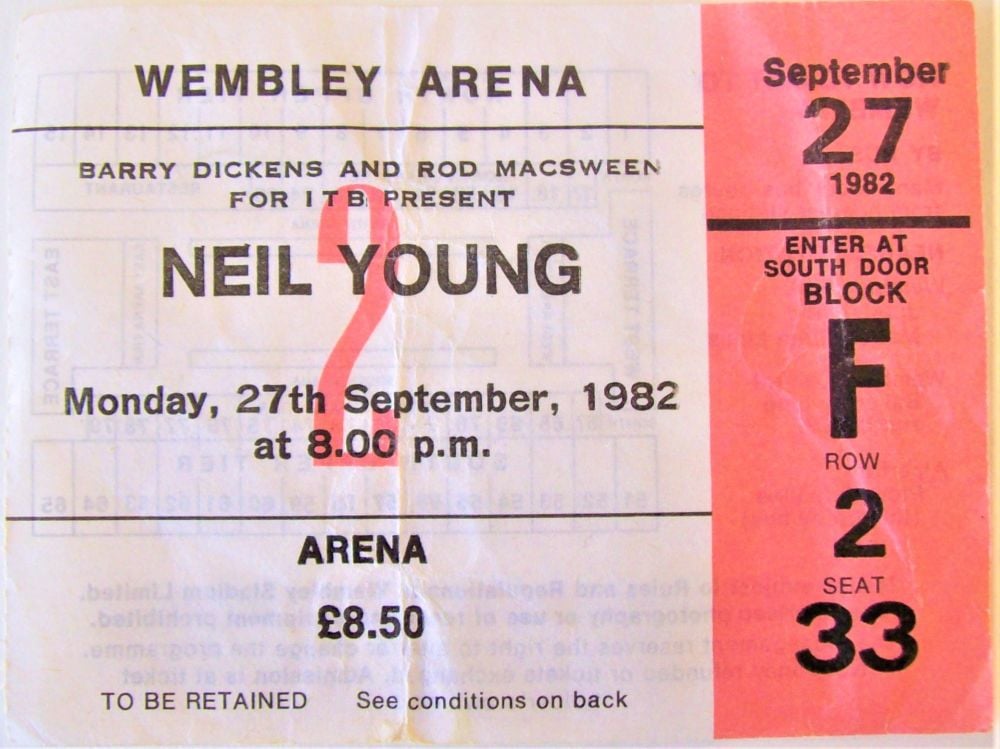 NEIL YOUNG FABULOUS RARE CONCERT TICKET MONDAY 27th SEPTEMBER 1982 WEMBLEY 