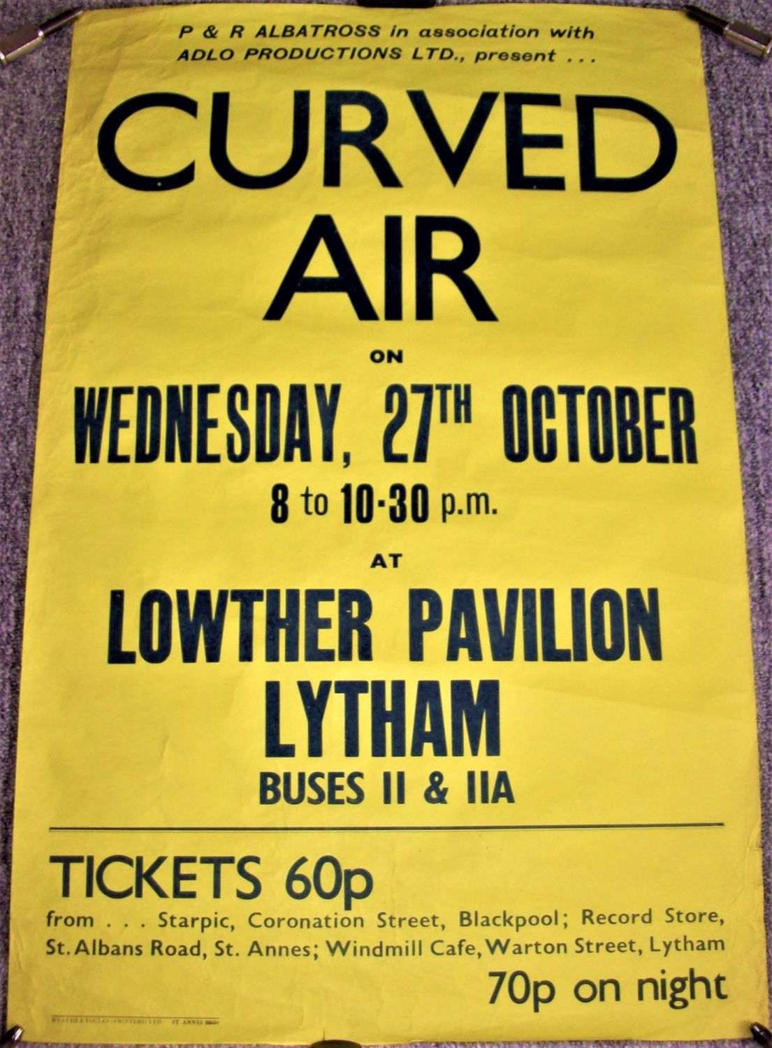 CURVED AIR CONCERT POSTER WEDNESDAY 27th OCTOBER 1971 LOWTHER PAVILION LYTH