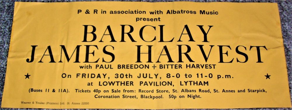 BARCLAY JAMES HARVEST CONCERT POSTER FRI 30th JULY 1971 LOWTHER PAVILION LY