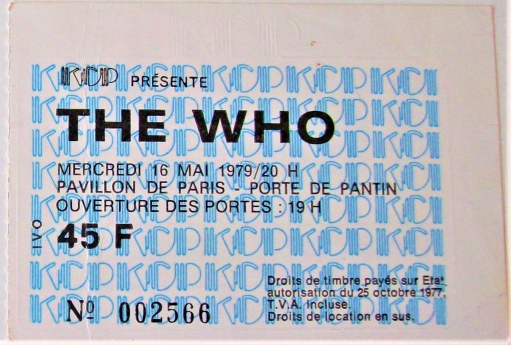 THE WHO RARE CONCERT TICKET FOR WEDNESDAY 16th MAY 1979 PAVILLON DE PARIS F
