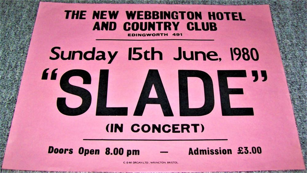 SLADE SUPERB CONCERT POSTER SUNDAY 15th JUNE 1980 THE NEW WEBBINGTON HOTEL 