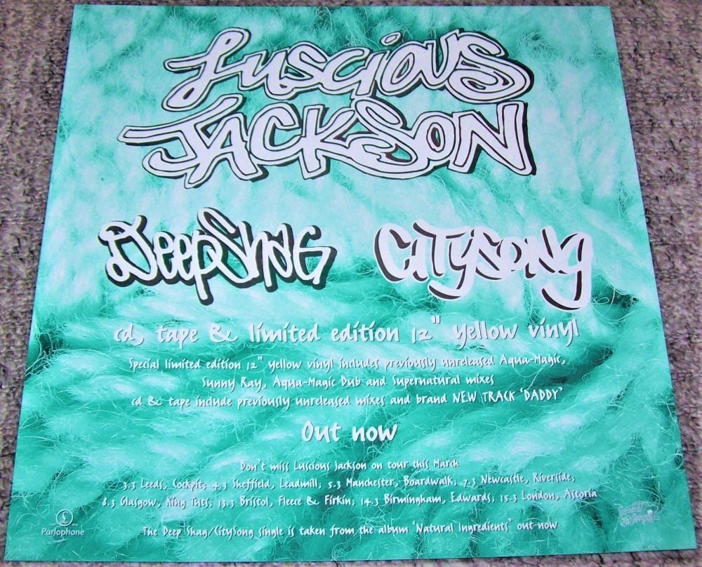 LUSCIOUS JACKSON UK REC COM PROMO SHOP WINDOW CARD 'DEEP SHAG-CITY SONG' 7