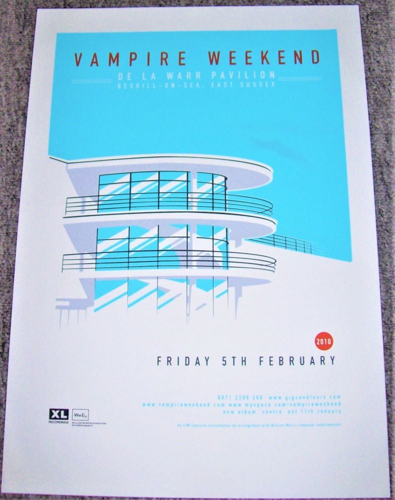 VAMPIRE WEEKEND CONCERT LITHO POSTER FRI 5th FEB 2010 DE LA WARR PAVILION U