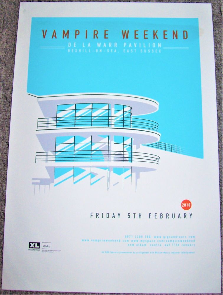 VAMPIRE WEEKEND CONCERT LITHO POSTER FRI 5th FEB 2010 DE LA WARR PAVILION U