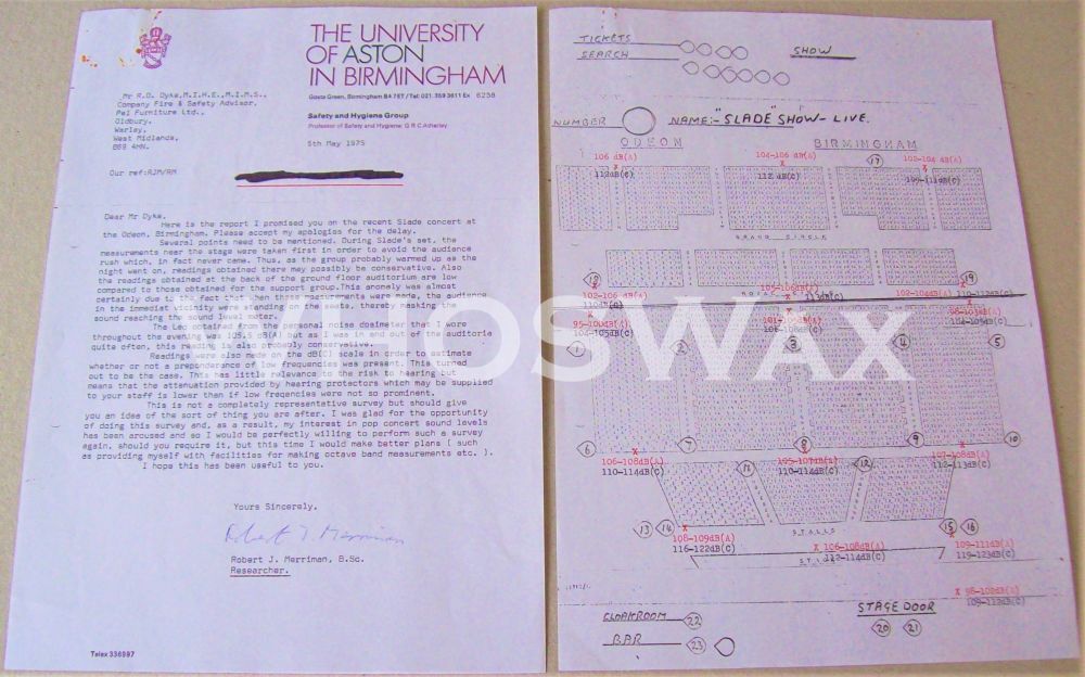 SLADE ASTON UNIVERSITY DECIBEL SOUND LEVEL SURVEY BIRMINGHAM ODEON CONCERT 
