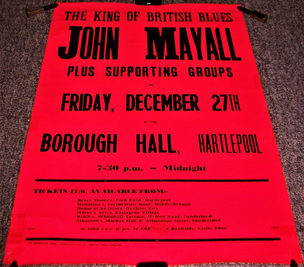 JOHN MAYALL STUNNING CONCERT POSTER FRI 27th DEC 1968 BOROUGH HALL HARTLEPO