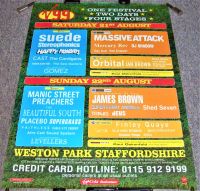 SUEDE HAPPY MONDAYS MANIC STREET PREACHERS HAPPY MONDAYS THE BEAUTIFUL SOUTH MASSIVE ATTACK JAMES BROWN ORBITAL THE CARDIGANS 'V 99' FESTIVAL POSTER