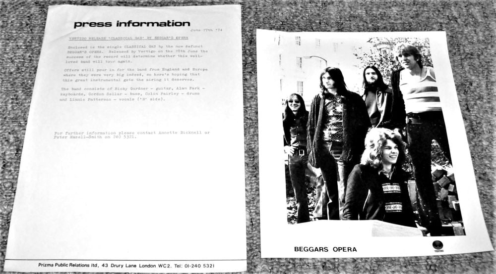 BEGGARS OPERA RARE U.K. RECORD COMPANY PRESS RELEASE 'CLASSICAL GAS' SINGLE