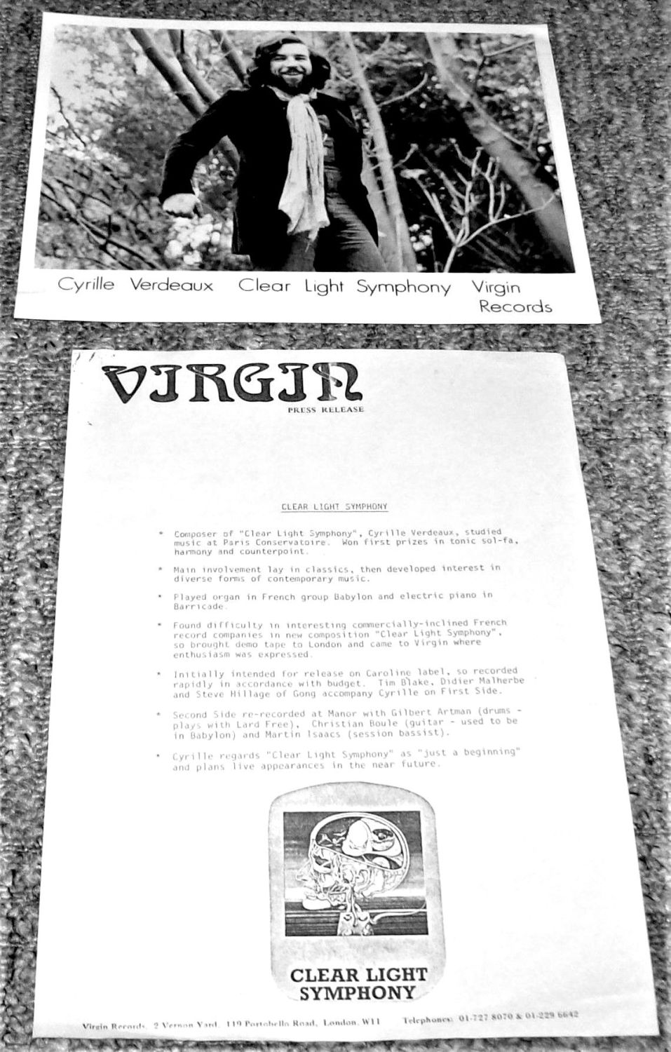 CYRILLE VERDEAUX RARE U.K. PROMO PRESS RELEASE 'CLEAR LIGHT SYMPHONY' ALBUM