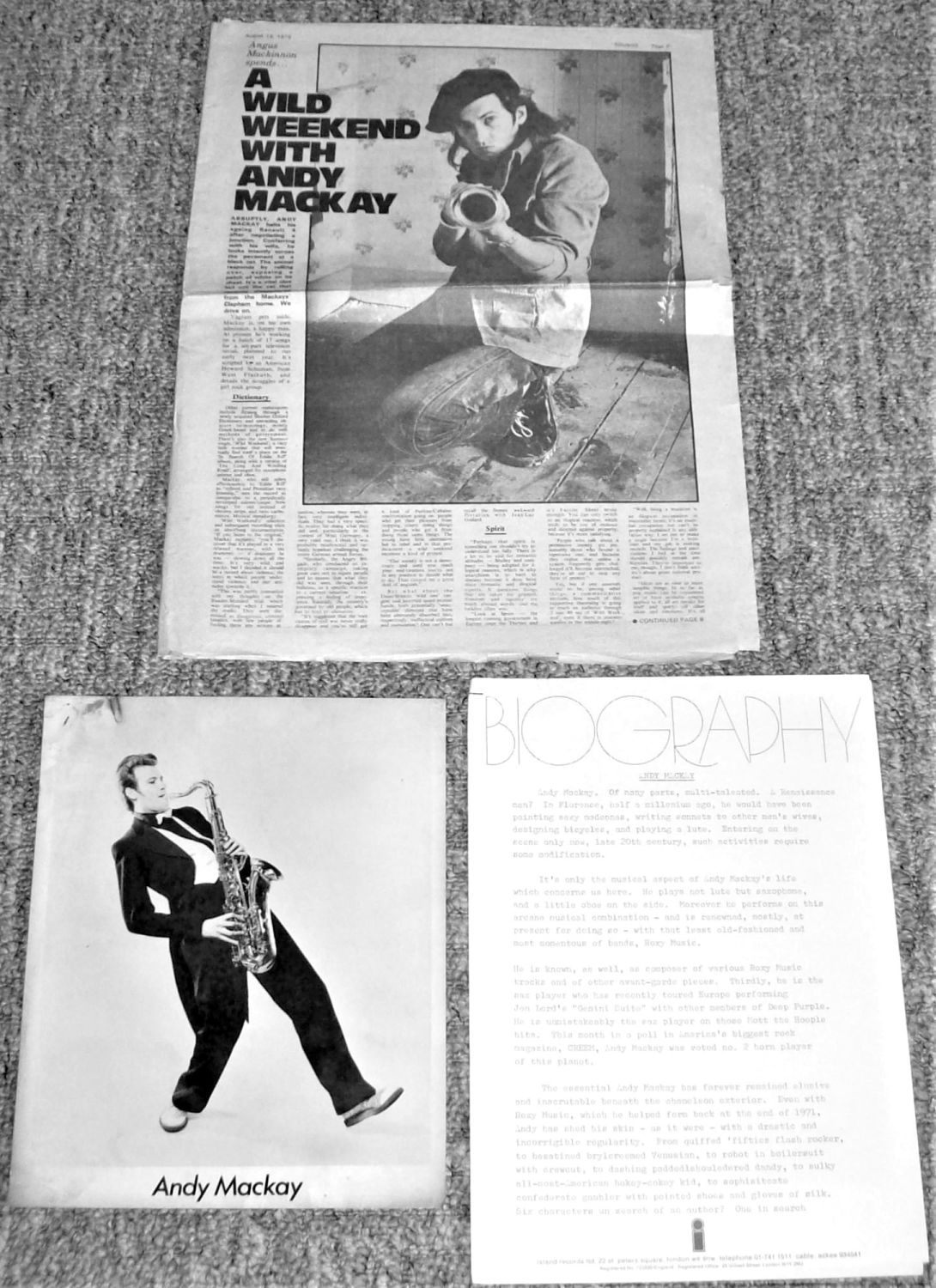 ROXY MUSIC ANDY MACKAY U.K. PRESS RELEASE IN SEARCH OF EDDIE RIFF ALBUM 197