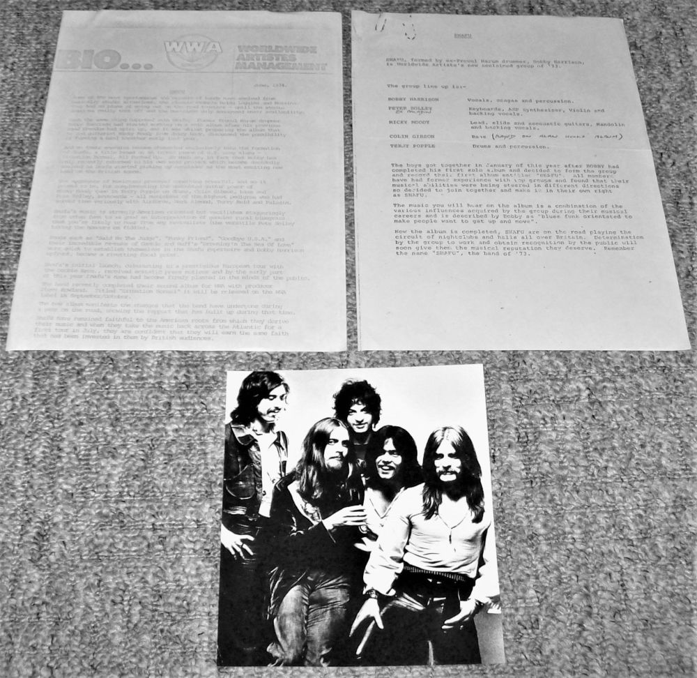 SNAFU REALLY FABULOUS AND RARE U.K. RECORD COMPANY PROMO PRESS RELEASE 1973