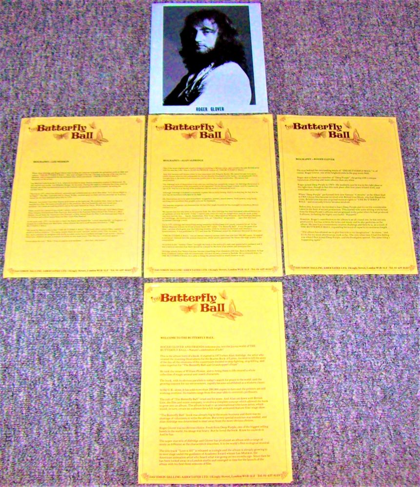 DEEP PURPLE ROGER GLOVER UK PROMO PRESS RELEASE 'THE BUTTERFLY BALL' ALBUM 