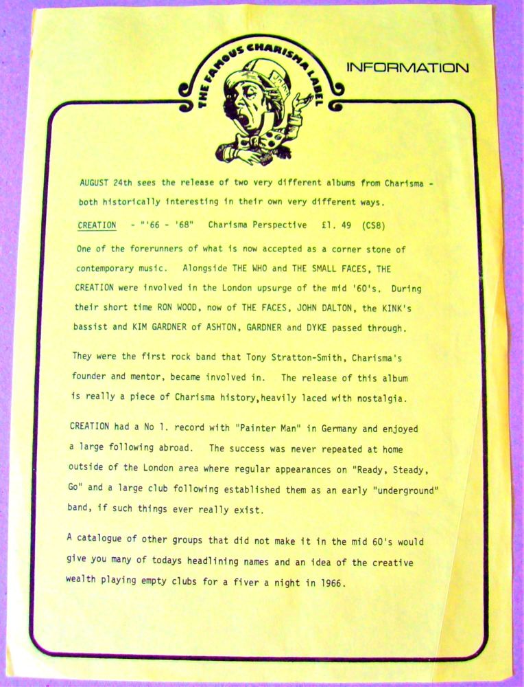 THE CREATION SUPERB U.K. RECORD COMPANY PROMO PRESS RELEASE '66 - 67' ALBUM