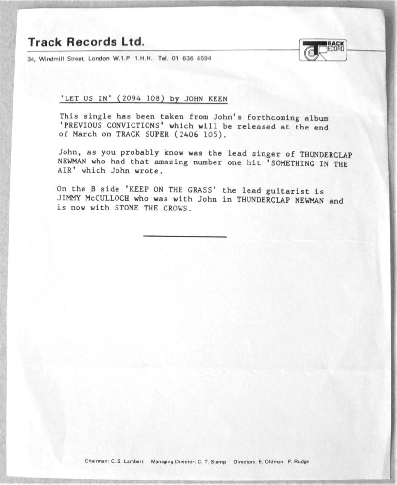 SPEEDY KEEN RARE U.K. RECORD COMPANY PROMO PRESS RELEASE 'LET US IN' SINGLE