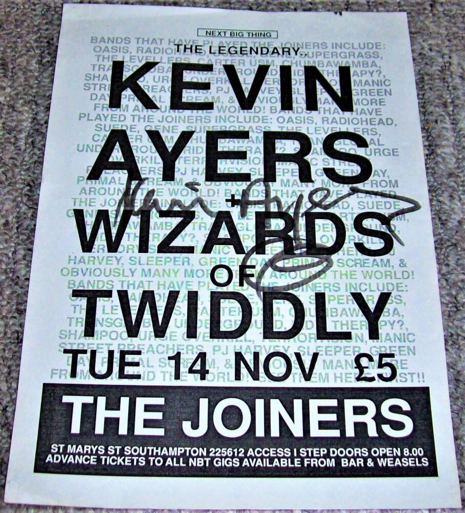 KEVIN AYERS & THE WIZARDS OF TWIDDLY AUTOGRAPHED UK CONCERT FLYER 14th NOV 