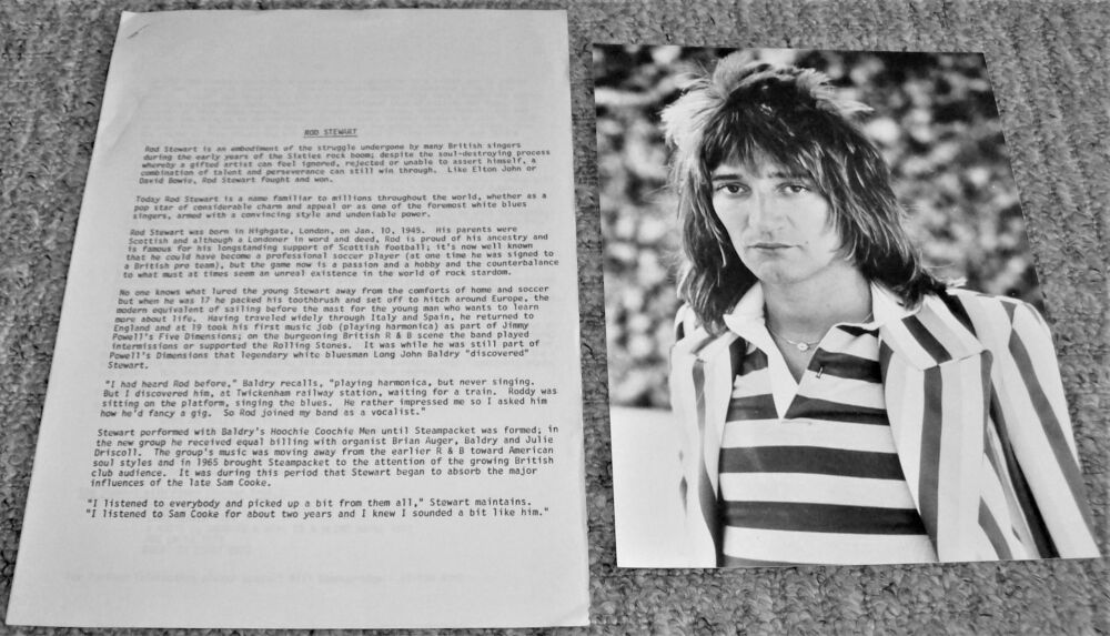 ROD STEWART ABSOLUTELY SUPERB & RARE UK RECORD COMPANY PROMO PRESS RELEASE 