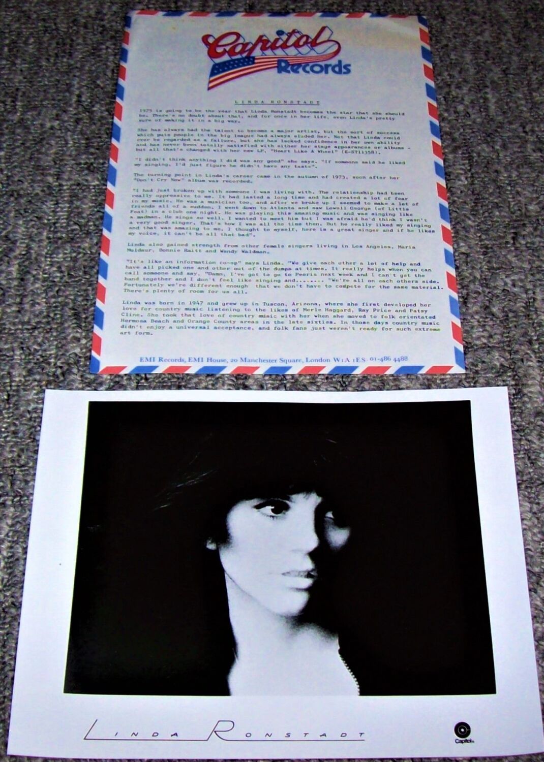 LINDA RONSTADT U.K. REC COM PROMO PRESS RELEASE 'HEART LIKE A WHEEL' ALBUM 