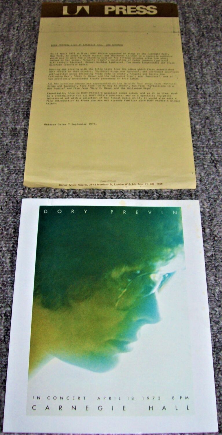 DORY PREVIN UK REC COM PROMO PRESS RELEASE 'LIVE AT CARNEGIE HALL' ALBUM 19