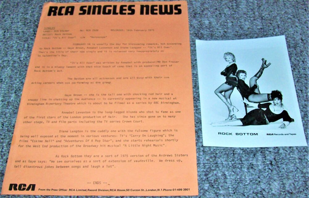 ROCK BOTTOM LOVELY U.K. RECORD COMPANY PRESS RELEASE 'IT'S ALL OVER' SINGLE
