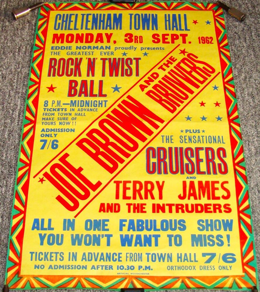 JOE BROWN & BRUVVERS CONCERT POSTER MON 3rd SEPT 1962 CHELTENHAM TOWN HALL 