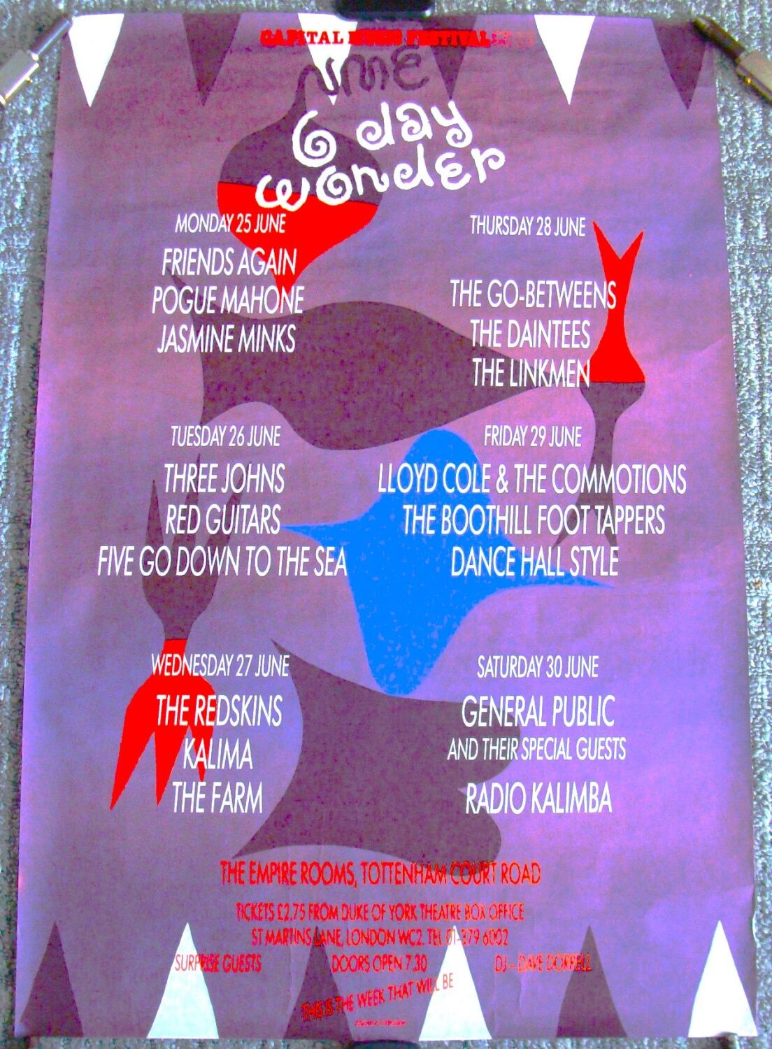 POGUE MAHONE LLOYD COLE THE REDSKINS '6 DAY WONDER' FESTIVAL POSTER JUNE 19