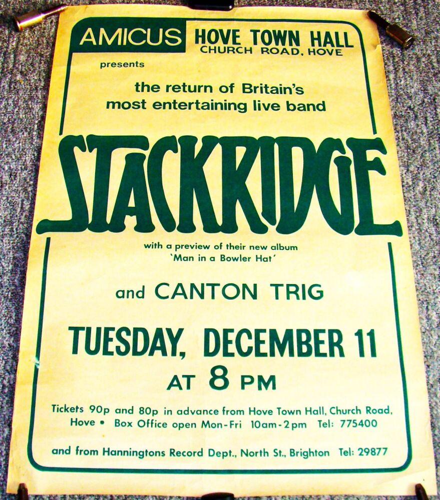 STACKRIDGE SUPERB CONCERT POSTER TUESDAY 11th DECEMBER 1973 HOVE TOWN HALL 