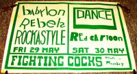 BABYLON REBELS ROCKASTYLE RED CARTOON CONCERTS POSTER MAY 1979 FIGHTING COCKS UK