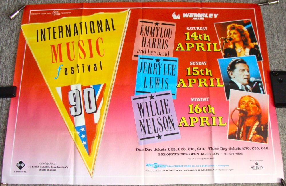 JERRY LEE LEWIS EMMYLOU HARRIS WILLIE NELSON CONCERTS POSTER APRIL 1990 WEM