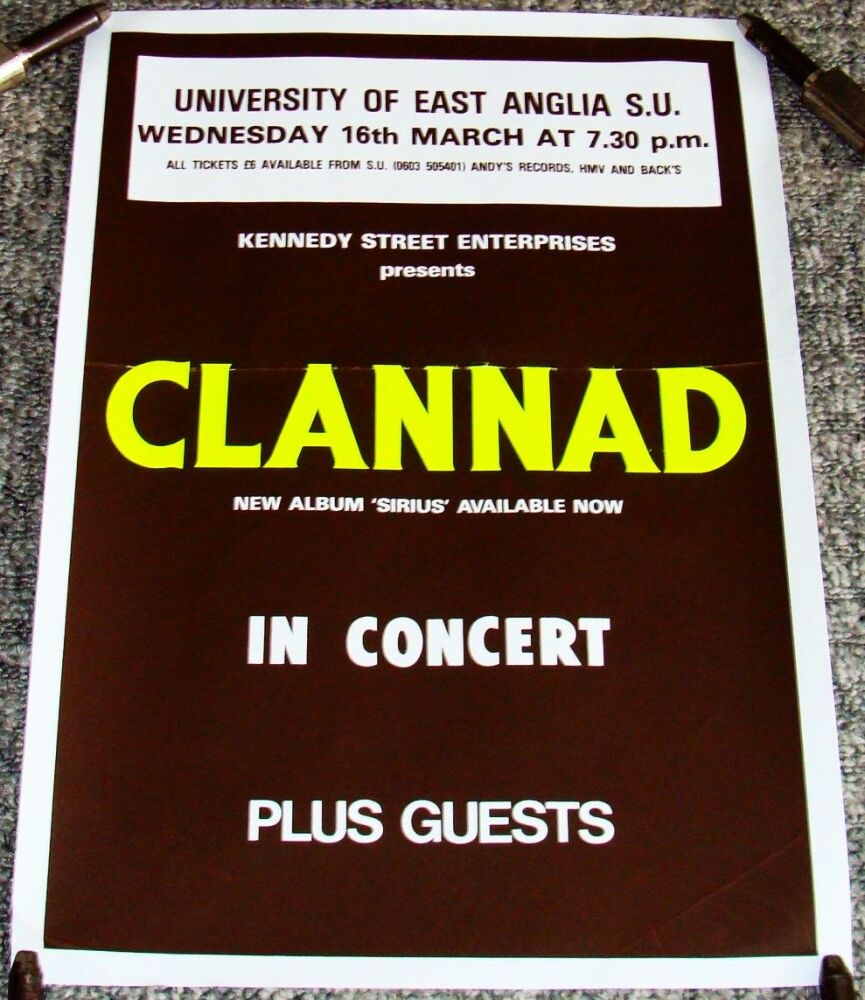 CLANNAD RARE CONCERT POSTER WEDNESDAY 16th MARCH 1986 UNIVERSITY OF EAST AN