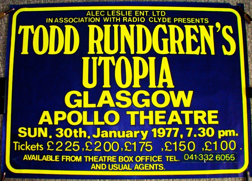 TODD RUNDGREN'S UTOPIA CONCERT POSTER SUN 30th JAN 1977 APOLLO THEATRE GLAS