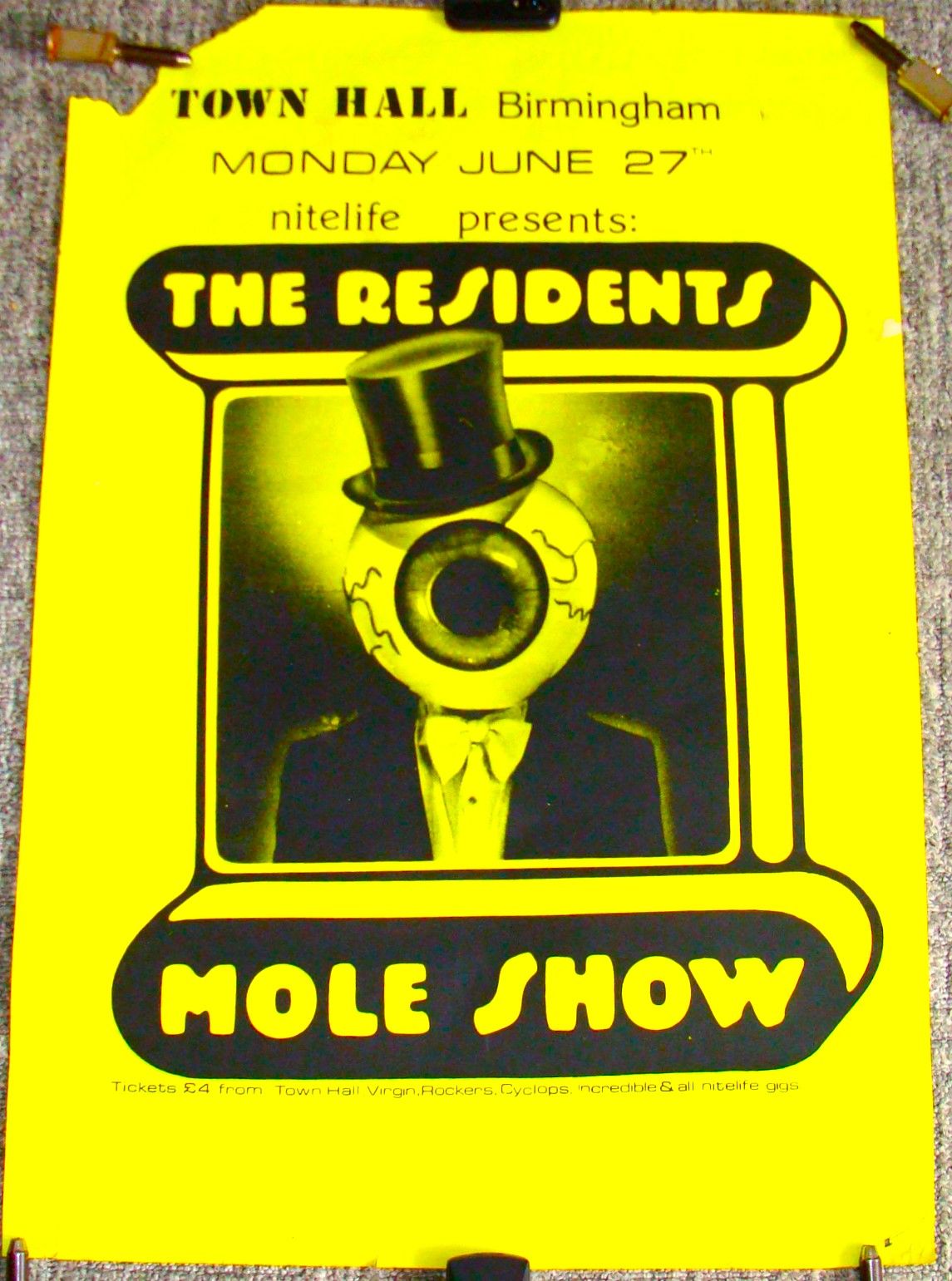 THE RESIDENTS CONCERT POSTER MONDAY 27th JUNE 1983 BIRMINGHAM TOWN HALL YEL