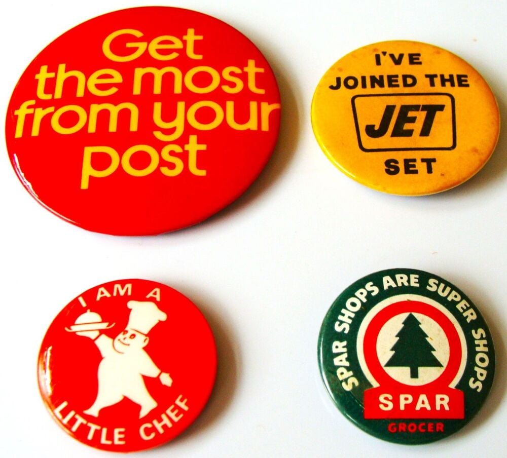 POST OFFICE JET SPAR LITTLE CHEF RARE BUSINESS PROMO U.K. METAL BADGES 1970