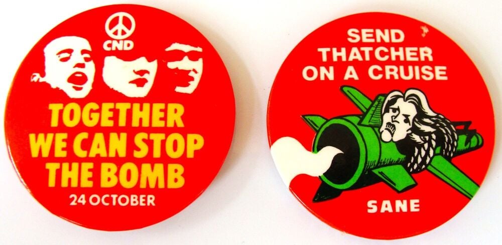 CND STOP THE BOMB REALLY FABULOUS RARE U.K. ISSUE X 2 LARGE METAL BADGES 19