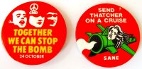 CND STOP THE BOMB REALLY FABULOUS RARE U.K. ISSUE X 2 LARGE METAL BADGES 1980's