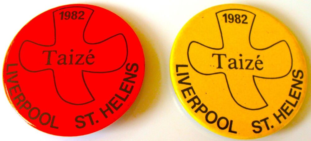 TAIZE LIVERPOOL ST. HELENS FABULOUS RARE U.K. ISSUE X 2 LARGE METAL BADGES 