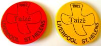 TAIZE LIVERPOOL ST. HELENS FABULOUS RARE U.K. ISSUE X 2 LARGE METAL BADGES 1982