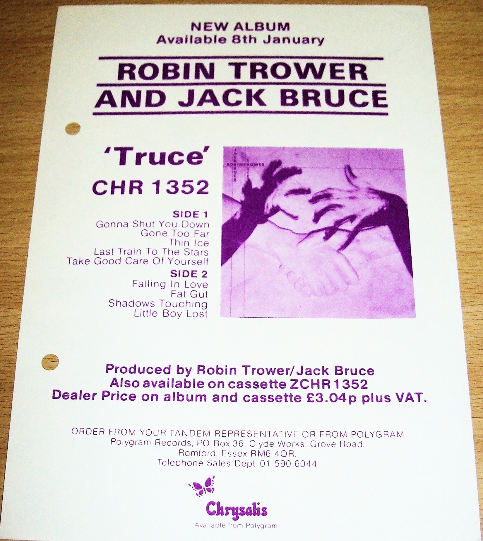 ROBIN TROWER AND JACK BRUCE U.K. RECORD COMPANY PROMO RETAIL INFO SHEET FOR THE 'TRUCE' ALBUM 1981.JPG