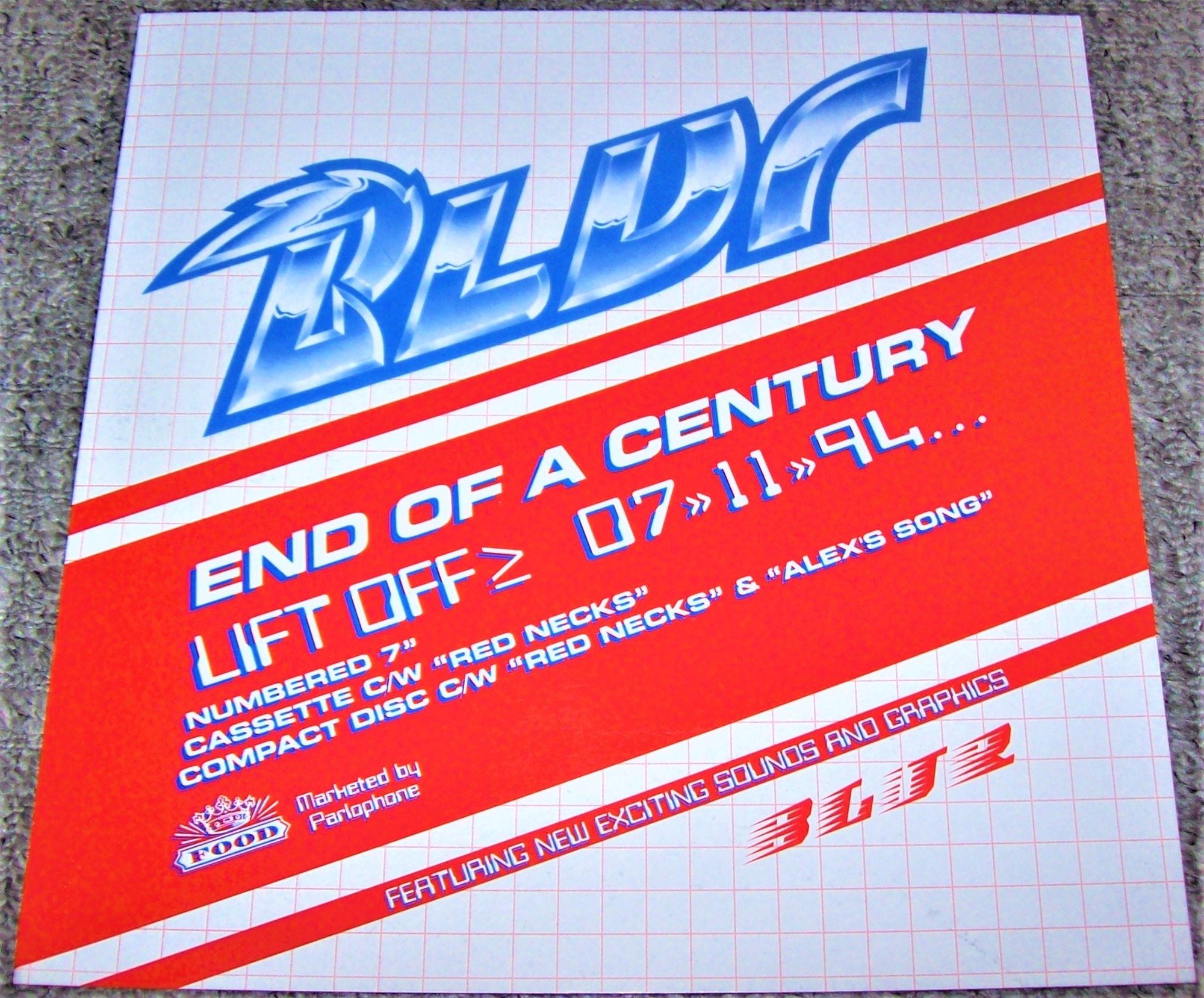 BLUR U.K. RECORD COMPANY PROMO SHOP WINDOW CARD 'END OF A CENTURY' SINGLE 1994.JPG
