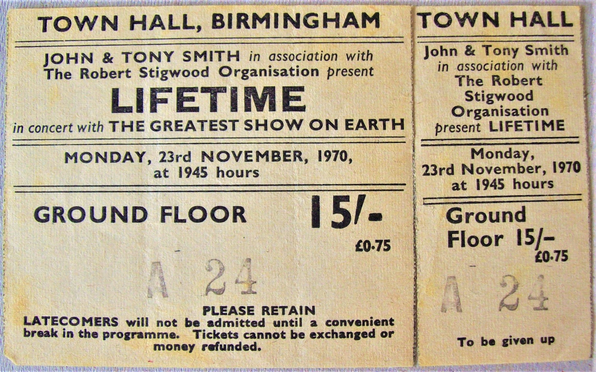 JACK BRUCE LIFETIME THE GREATEST SHOW ON EARTH CONCERT TICKET MONDAY 23rd NOVEMBER 1970 TOWN HALL BIRMINGHAM.JPG