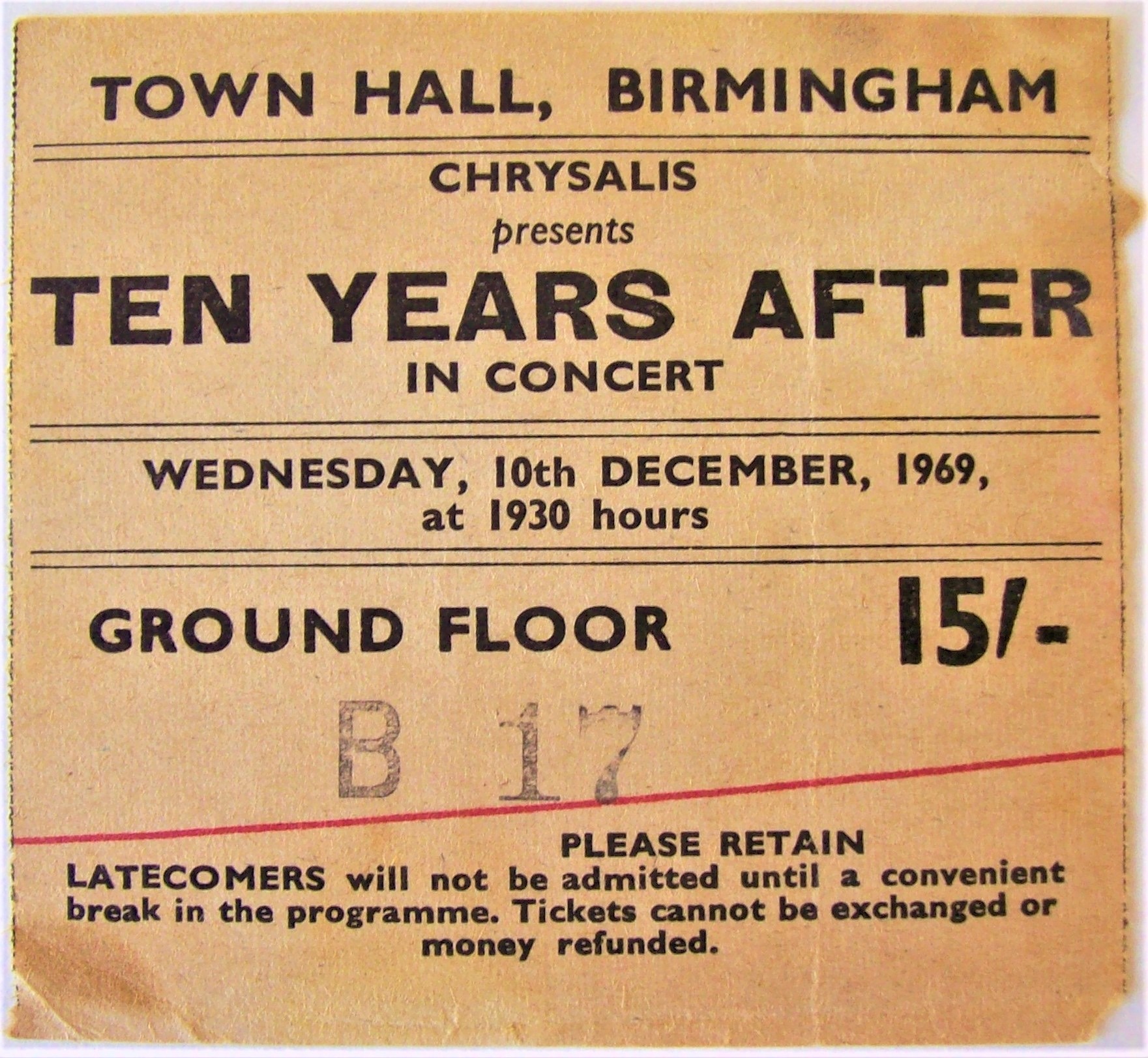 TEN YEARS AFTER CONCERT TICKET WEDNESDAY 10th DECEMBER 1969 TOWN HALL BIRMINGHAM.JPG